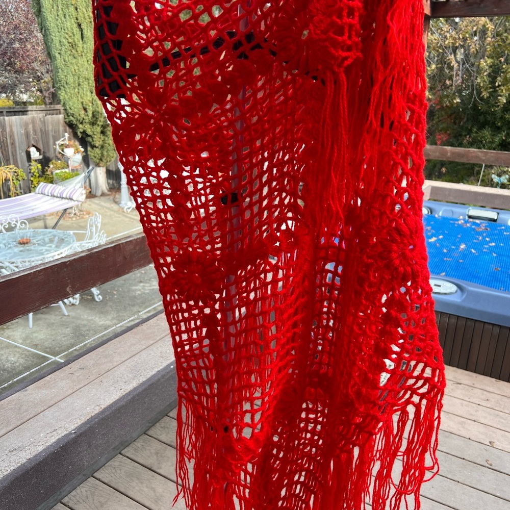 Vibrant Red Crochet Shawl with Fringe - Picture 3 of 9